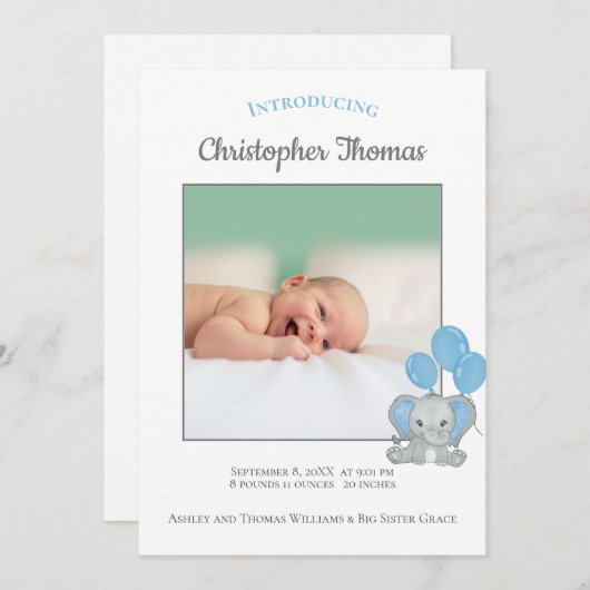 フォトブルーエレファント男の赤ちゃん誕生のお知らせ (正面/裏面)