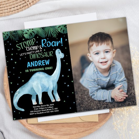 フォトブルーグリーンブラック恐竜誕生日 招待状