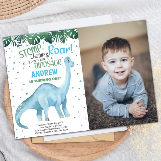 フォトブルーグリーン恐竜誕生日招待状 招待状