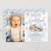 フォトブルーシルバーウッドランドOnederland 1st誕生日 招待状 (正面/裏面)