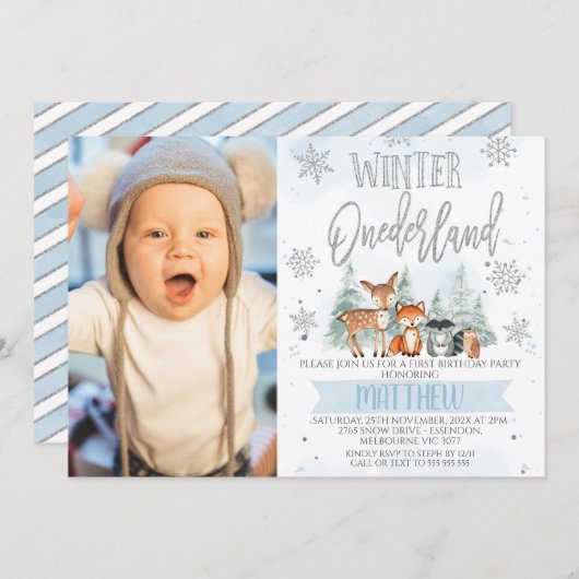 フォトブルーシルバーウッドランドOnederland 1st誕生日 招待状 (正面/裏面)
