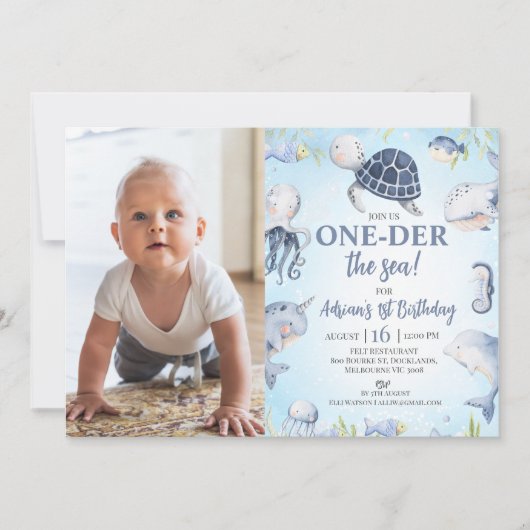 フォトブルーシータートルワンダーザシー1歳の誕生日 招待状 (正面)