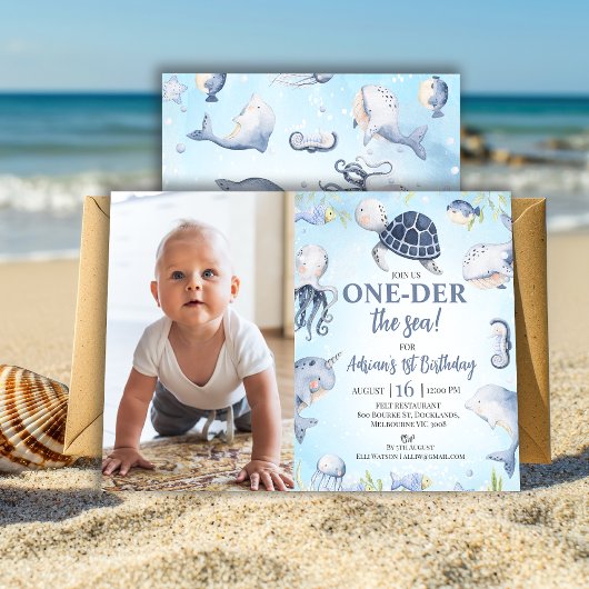 フォトブルーシータートルワンダーザシー1歳の誕生日 招待状