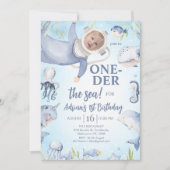 フォトブルースキューバダイバーオンダーザ海の最初の誕生日 招待状 (正面)