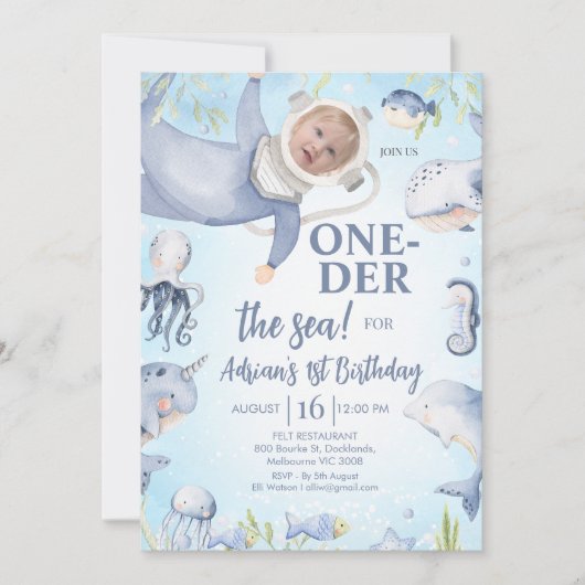 フォトブルースキューバダイバーオンダーザ海の最初の誕生日 招待状 (正面)