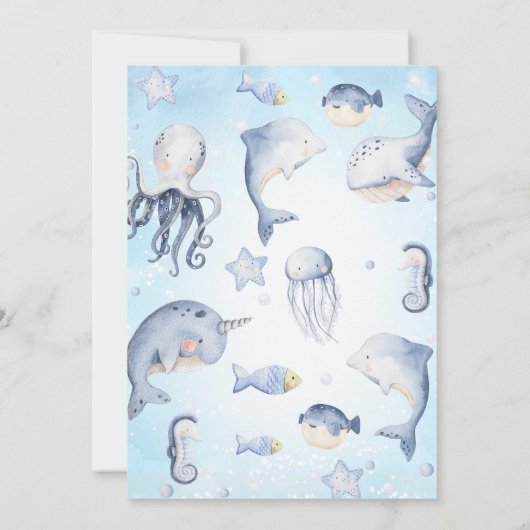 フォトブルースキューバダイバーオンダーザ海の最初の誕生日 招待状 (裏面)