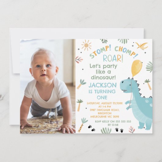 フォトブルーストンプChompロア恐竜1st誕生日 招待状 (正面)