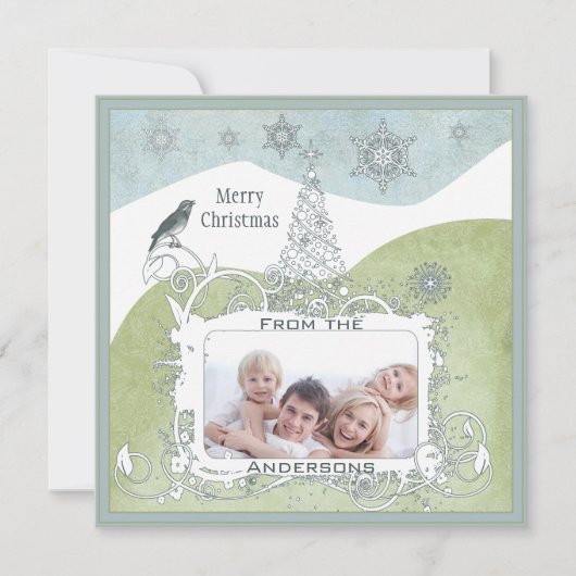 フォトブルースノーフレーククリスマスツリーかわいい鳥 シーズンカード (正面)