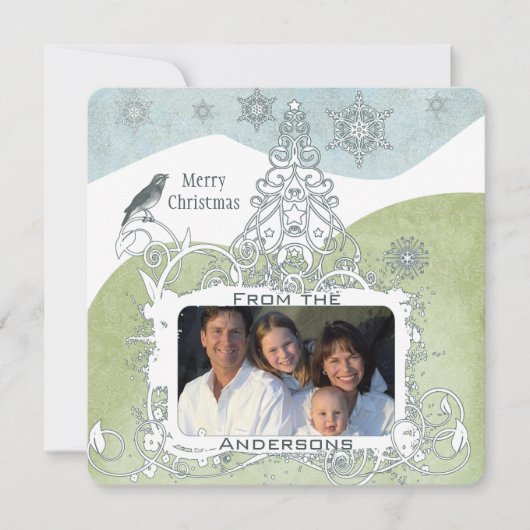 フォトブルースノーフレーククリスマスツリーかわいい鳥 シーズンカード (正面)