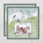 フォトブルースノーフレーククリスマスツリーかわいい鳥 シーズンカード (正面/裏面)