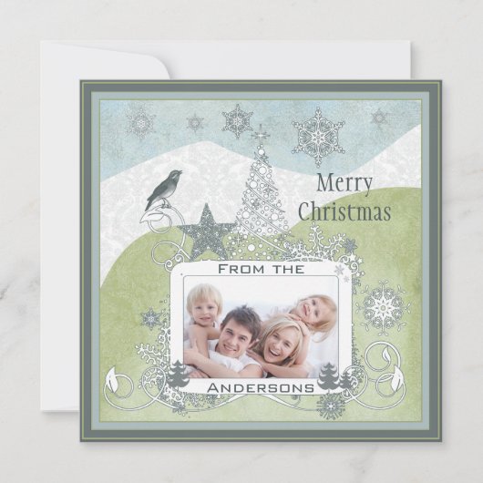 フォトブルースノーフレーククリスマスツリーかわいい鳥 シーズンカード (正面)