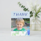 フォトブルーバブル子供の誕生日パーティーありがとう ポストカード (スタンド正面)