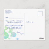 フォトブルーバブル子供の誕生日パーティーありがとう ポストカード (裏面)