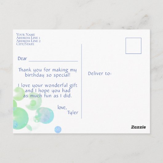 フォトブルーバブル子供の誕生日パーティーありがとう ポストカード (裏面)