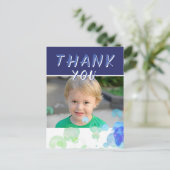 フォトブルーバブル子供の誕生日パーティーありがとう ポストカード (スタンド正面)