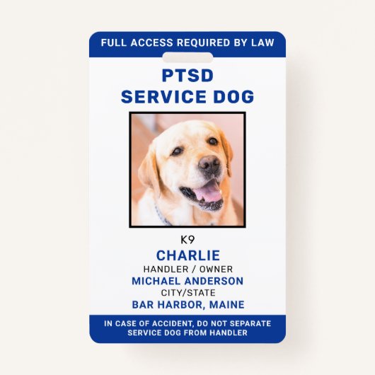 フォトブルーパーソナライズされたホワイトPTSDサービスドッグID バッジ (正面)