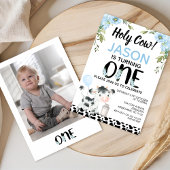フォトブルーフローラホーリーカウカプリント1st誕生日 招待状