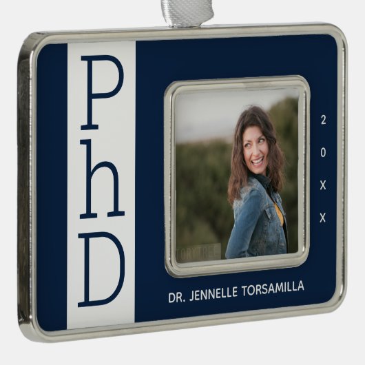 フォトブルーホワイトPhD卒業クリスマスオーナメント シルバープレートフレームオーナメント (右)