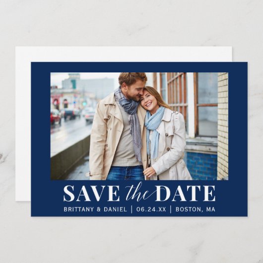 フォトブルーモダンまたはカラーの選択 セーブザデート (正面/裏面)