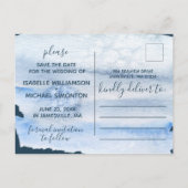 フォトブルーモダンウォーターの色ウォッシュ日付を保存 案内ポストカード (裏面)