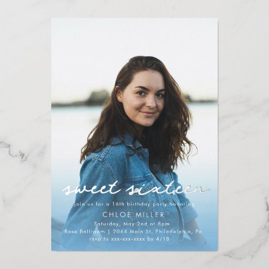 フォトブルーモダンウォーターカラー甘い16 箔招待状 (正面)