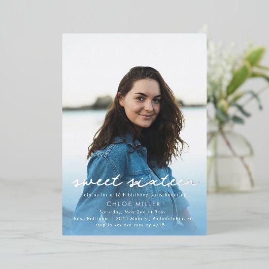 フォトブルーモダンウォーターカラー甘い16 箔招待状 (立ち正面)