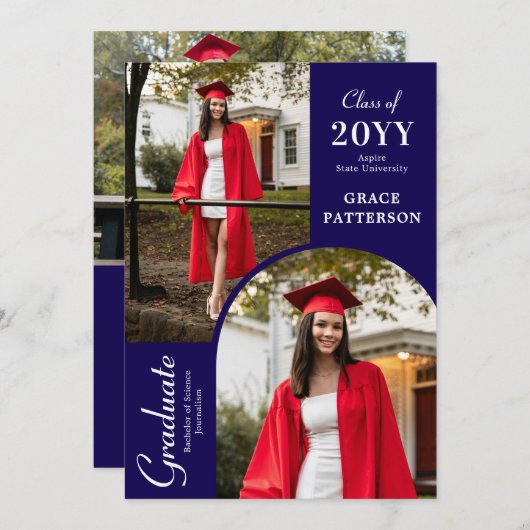 フォトブルーモダンホワイト卒業発表 招待状 (正面/裏面)