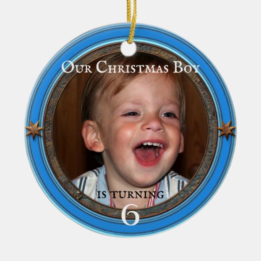 フォトブルー子供の誕生日クリスマス セラミックオーナメント (正面)
