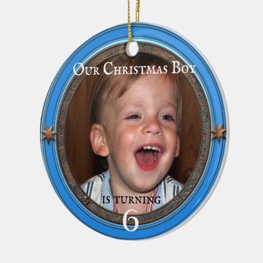 フォトブルー子供の誕生日クリスマス セラミックオーナメント (左)
