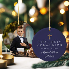 フォトブルー宗教十字少年ファースト・コミュニオン セラミックオーナメント