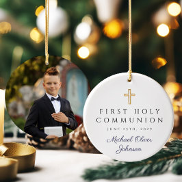 フォトブルー宗教十字少年ファースト・コミュニオン セラミックオーナメント