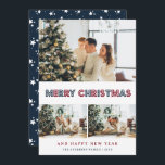 フォトブルー赤い雪のモダン星 シーズンカード<br><div class="desc">ブルーカスタムと赤の写真メリー・クリスマスカードは、正面にフォントが付いたコラージュモダンと、背面に雪や星が降るダークブルーの背景を備えたフォトコラージュ。この赤と青の写真のホリデーカードを簡単にパーソナライズあなたの写真、家族の名前と年。</div>