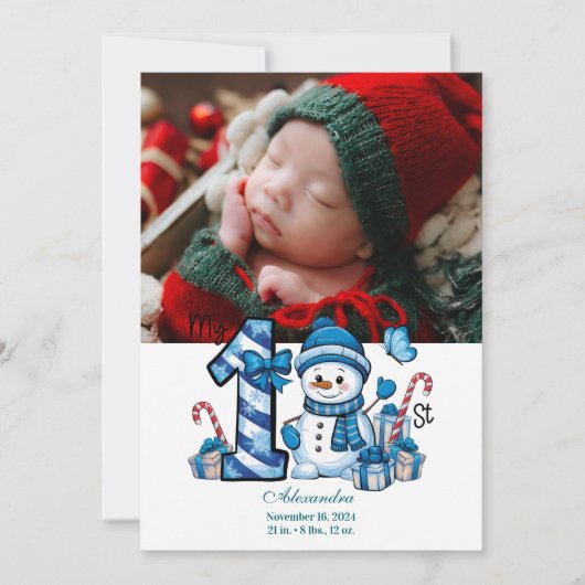 フォトブルー雪だるま初めてのクリスマス シーズンカード (正面)