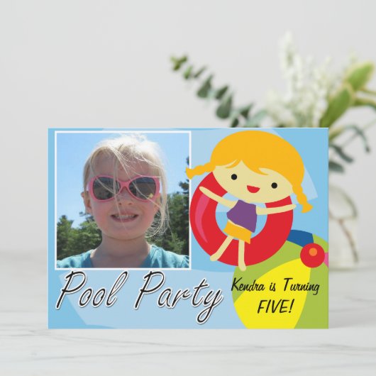 フォトブロンドガールプールパーティースイミング誕生日 招待状 (スタンド正面)