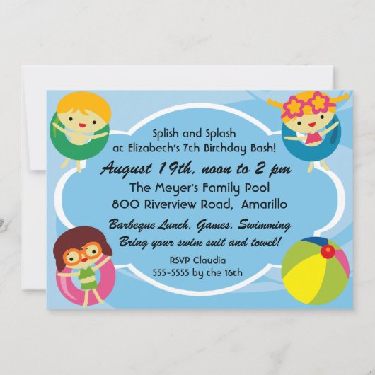 フォトプカスタマイズールパーティー水泳誕生日 招待状 (裏面)
