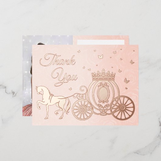 フォトプリンセスキャリッジバラゴールドフォイルサンキュー 箔招待状ポストカード (正面/裏面)