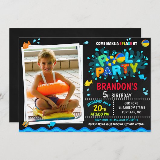 フォトプールの誕生日の招待ボーイプールのパーティー子供 招待状 (正面/裏面)