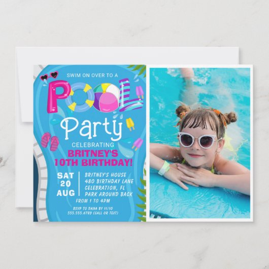 フォトプールパーティーサマーガールバースデーパーティー 招待状 (正面)