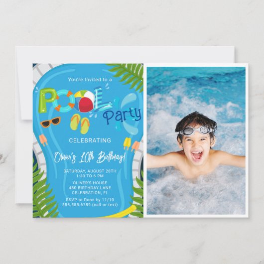 フォトプールパーティーサマーボーイ誕生日パーティー 招待状 (正面)