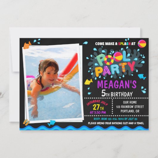 フォトプール誕生日の招待ガールプールパーティーkid 招待状 (正面)