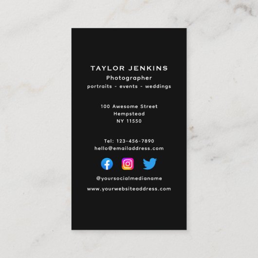フォトヘッドショットソーシャルメディアフォトグラファー垂直 名刺 (裏面)