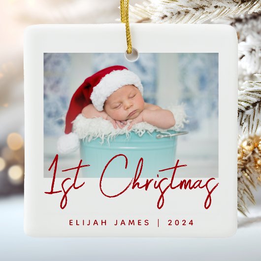 フォトベビーの初めてのクリスマスレッドスクリプトセラミック セラミックオーナメント