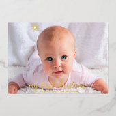 フォトベビーの初めてのクリスマス雪実在片金ゴールド 箔シーズンカード (正面)