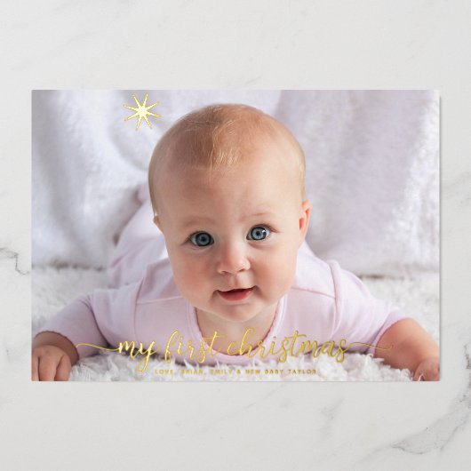フォトベビーの初めてのクリスマス雪実在片金ゴールド 箔シーズンカード (正面)