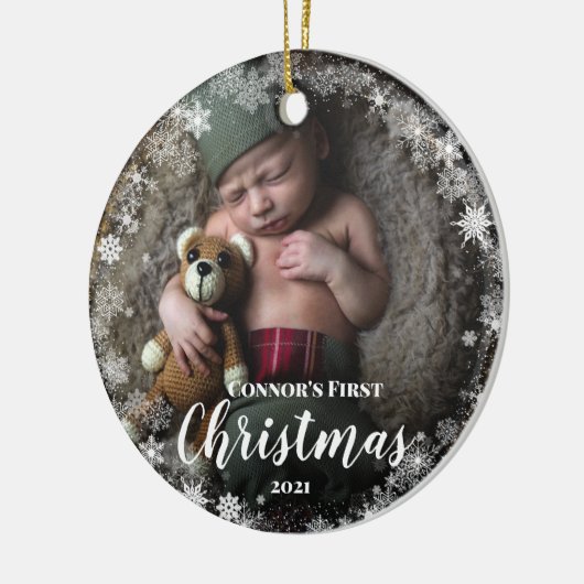 フォトベビーの名前初めてのクリスマススノーフレークフレーム セラミックオーナメント (左)