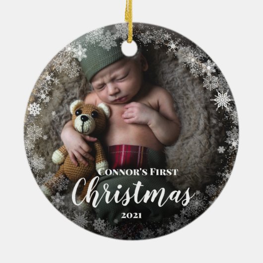 フォトベビーの名前初めてのクリスマススノーフレークフレーム セラミックオーナメント (裏面)