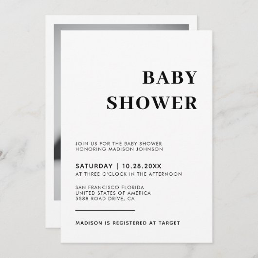 フォトベビーシンプルシャワー付き男女兼用の 招待状 (正面/裏面)