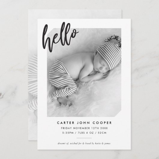 フォトベビーシンプル発表モダンHELLOスクリプト 案内状 (正面/裏面)