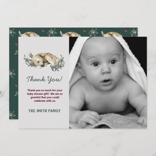 フォトベビー冬のベビーシャワー外は寒い サンキューカード (正面/裏面)