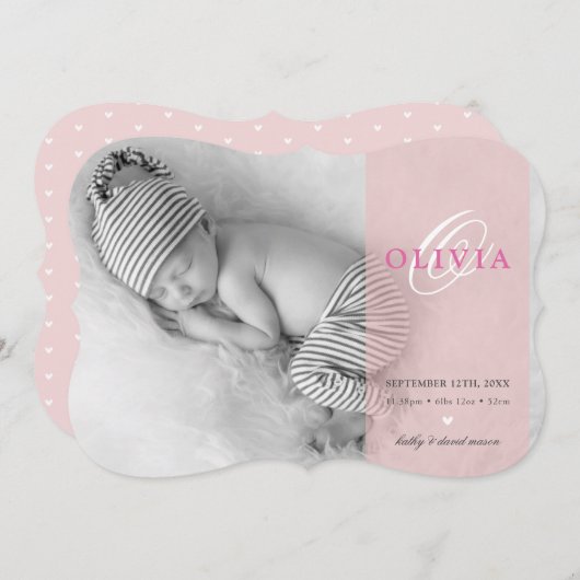 フォトベビー告知イニシャルオーバーレイピンク 案内状 (正面/裏面)